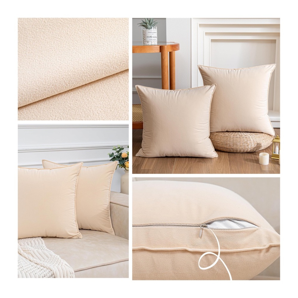 Dutch Velvet Cream Throw Pillow Covers 18”x18” Set of 2 - 100% Polyester Velvet